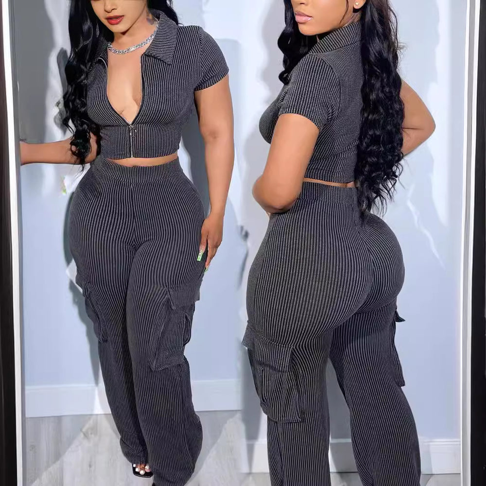 Zipper top & multi-pocket pants casual solid color two-piece set - autumn european & american fashion - new arrival for  & independent e-commerce stores