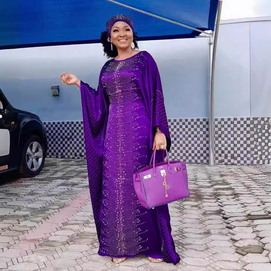 african plus size women's clothing heavy industry hot diamond beading silk satin round neck wide bat sleeve robe matching headscarf