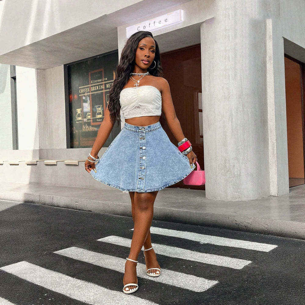 Fashion jeans women's front row single breasted denim skirt cross-border hot girl a-line umbrella skirt washed skirt export