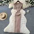K-styleknittingcasual pure desire style dress women's summer short-sleeved waist silm a-line long skirt light mature elegance style