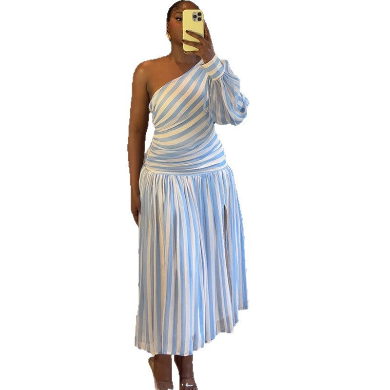 European and american cross-border women's fashion:  autumn new arrival - elegant blue striped one-shoulder long sleeve ruched midi dress