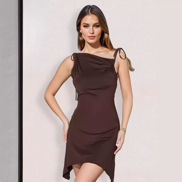 's new women's clothing 2025 summer sexy backless irregular short skirt pleated straps diagonal neck dress