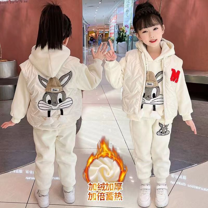 Girls' three-piece set: new  autumn/winter outfit - vest, kids' sweatshirt, fleece-lined, thickened, mid-to-large size, chanel-inspired style