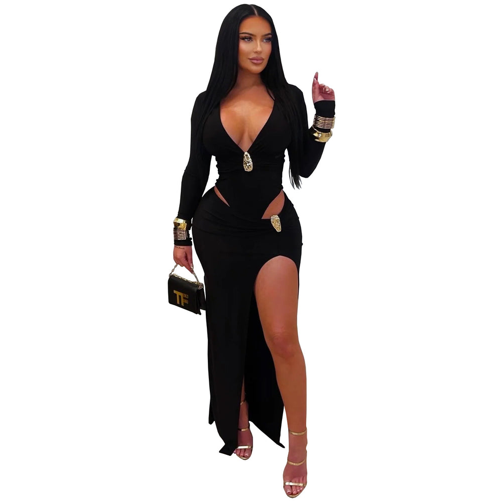 C7631 cross-border   fashion women's sexy v-neck solid color long sleeve bodycon dress