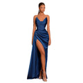 2025 new arrival: elegant & sexy slim-fit deep v satin slip dress with cinched waist, slit, and sheer straps