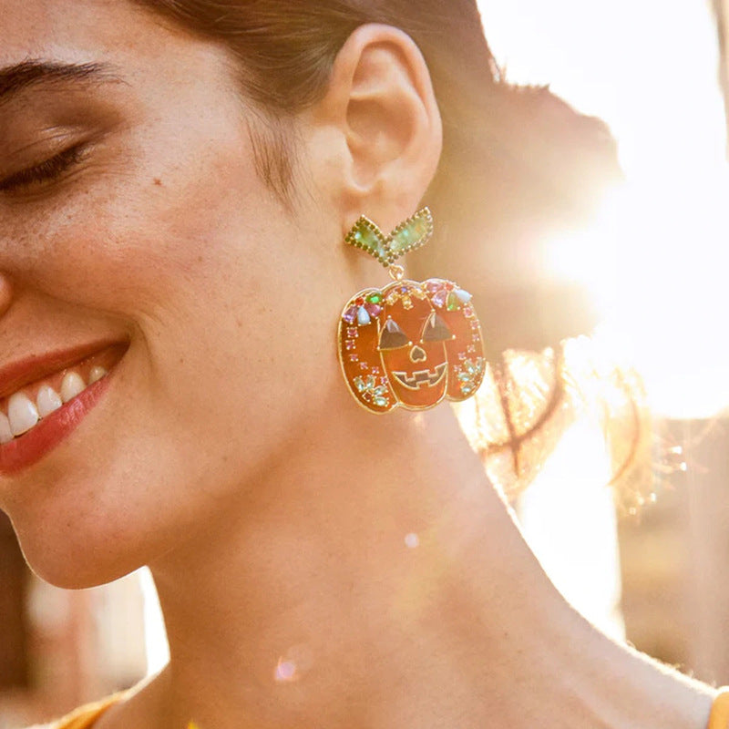Halloween earrings wholesale fashion cross-border diamond-encrusted skull alloy jewelry pumpkin head witch earrings bat earrings
