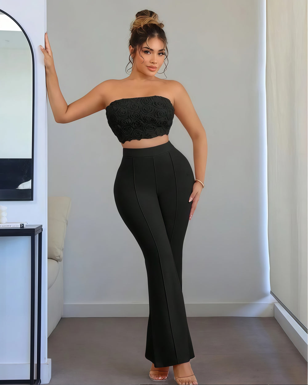 European and american cross-border women's fashion  summer new arrival: solid color exquisite small floral bandeau top and flared leggings two-piece set