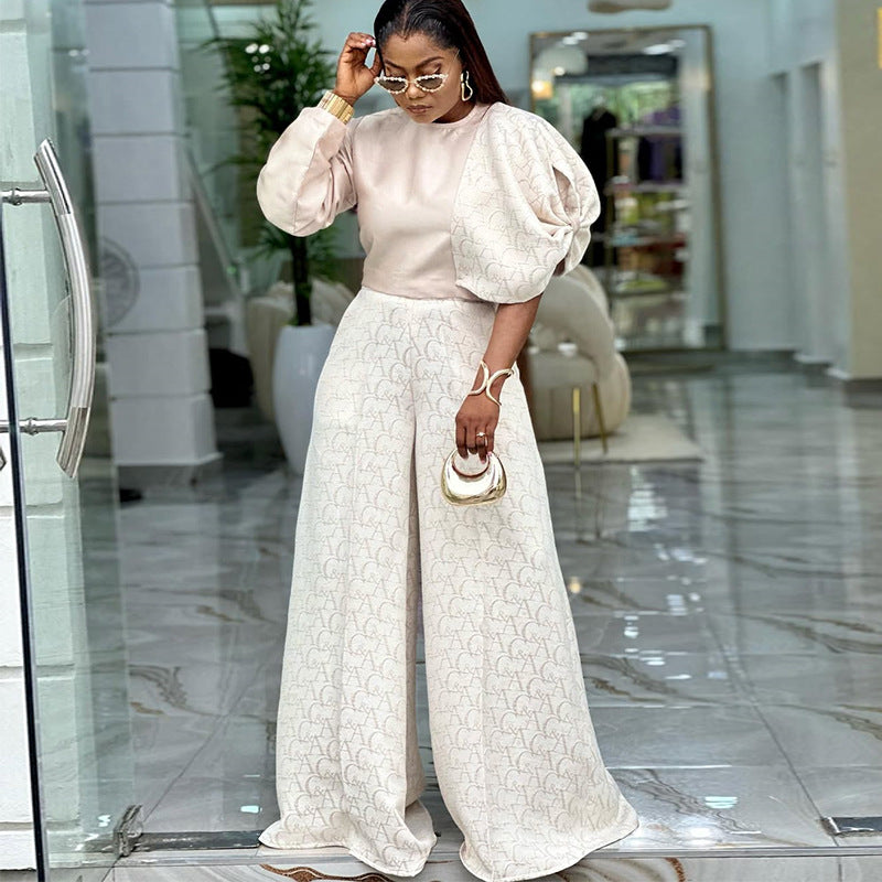 European and american cross-border women's fashion:  autumn new collection - stylish round neck top with printed wide-leg pants set