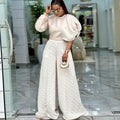 European and american cross-border women's fashion:  autumn new collection - stylish round neck top with printed wide-leg pants set