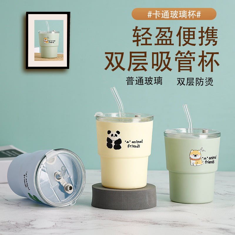 Cartoon double-walled glass straw cup - stylish office water bottle, trendy coffee mug, promotional gift cup