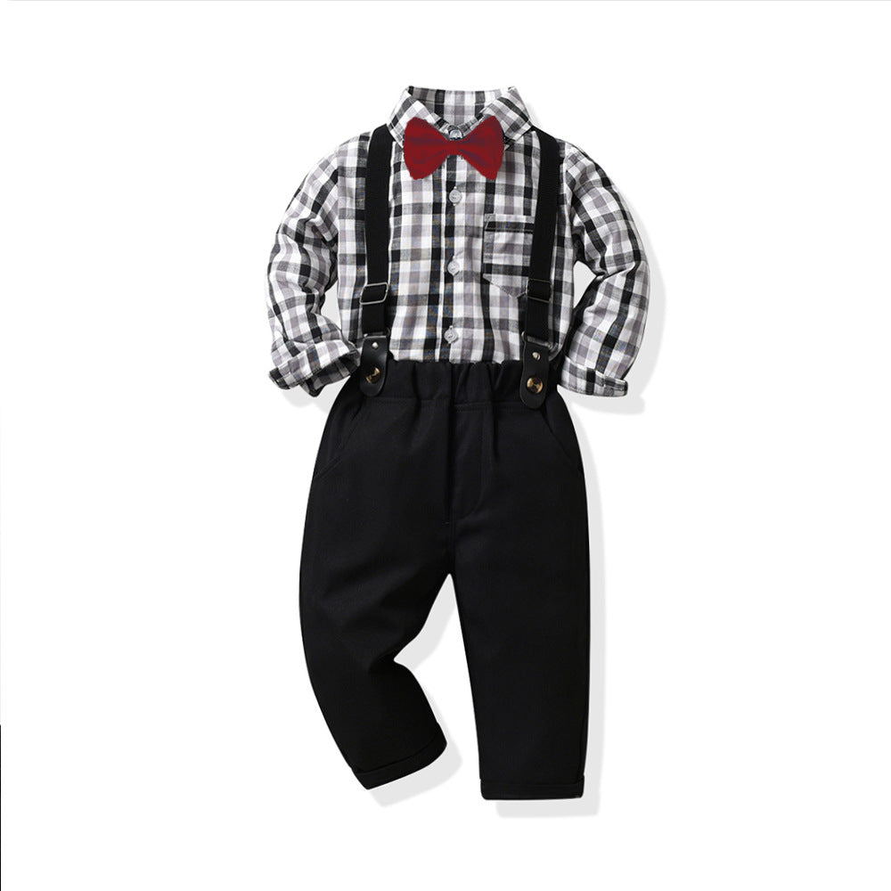 Export spring & fallnew arrival dark plaid shirt pants casualtwo-piece set wholesalechildren's suit