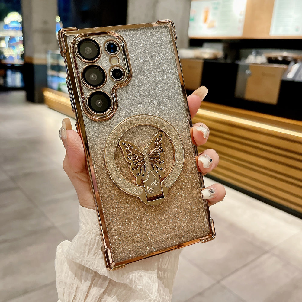 Samsung s25u butterfly glitter stand magnetic phone case, compatible with s26p, four-corner airbag anti-drop a07 protective cover