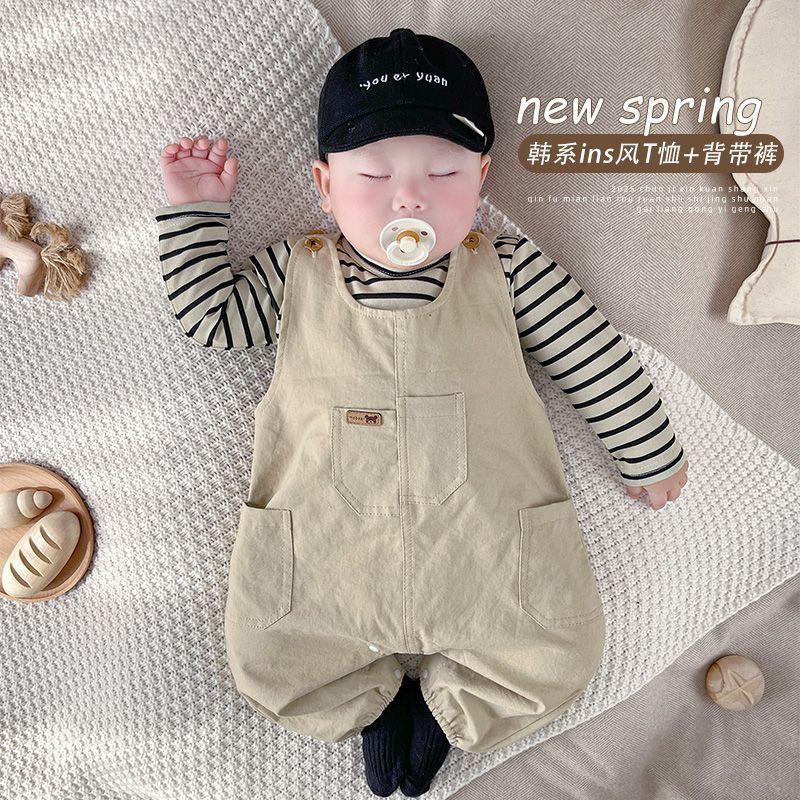 Baby clothes spring/autumn striped overalls outfit stylish romper two-piece set for baby boys and girls
