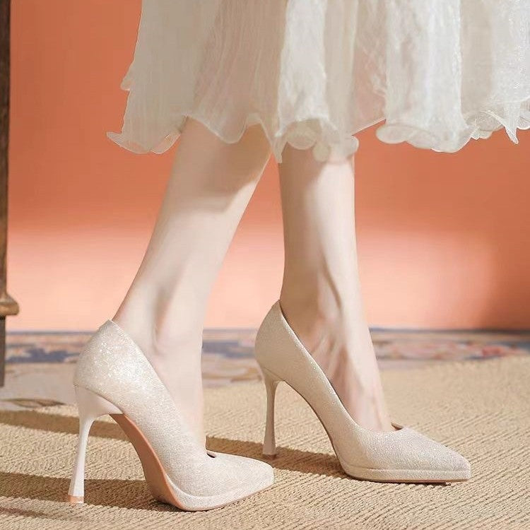 2025 new french champagne wedding shoes for women, bridal platform high heels, minimalist elegant low-cut stiletto heels