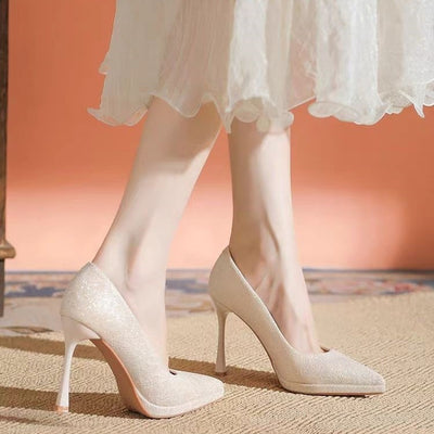 2025 new french champagne wedding shoes for women, bridal platform high heels, minimalist elegant low-cut stiletto heels