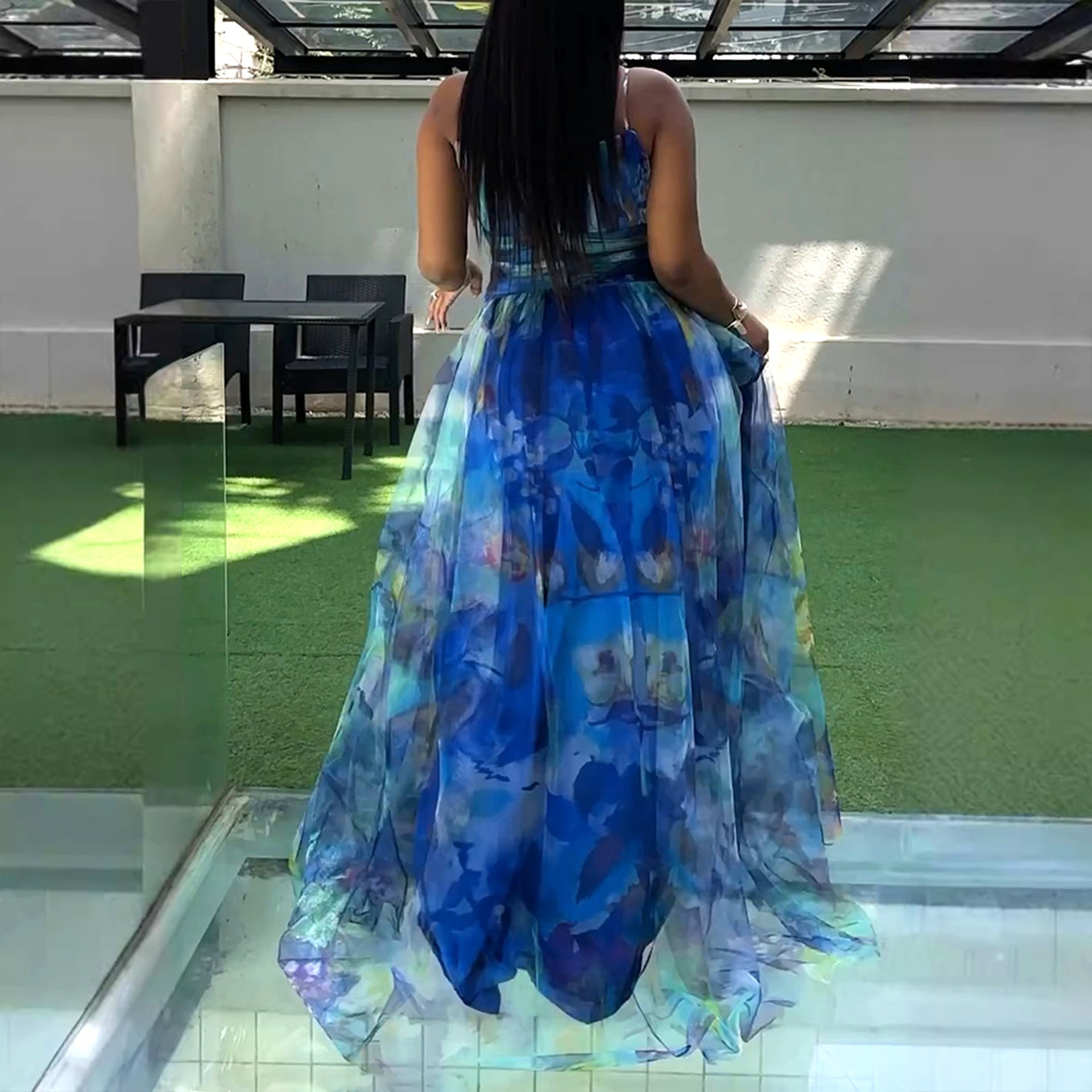 S10899 European and American, mesh stitching waist split suspender dress dress dress