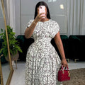European and american cross-border women's fashion:  summer new arrivals - elegant round neck printed waist-cinching maxi dress with flared skirt and short sleeves