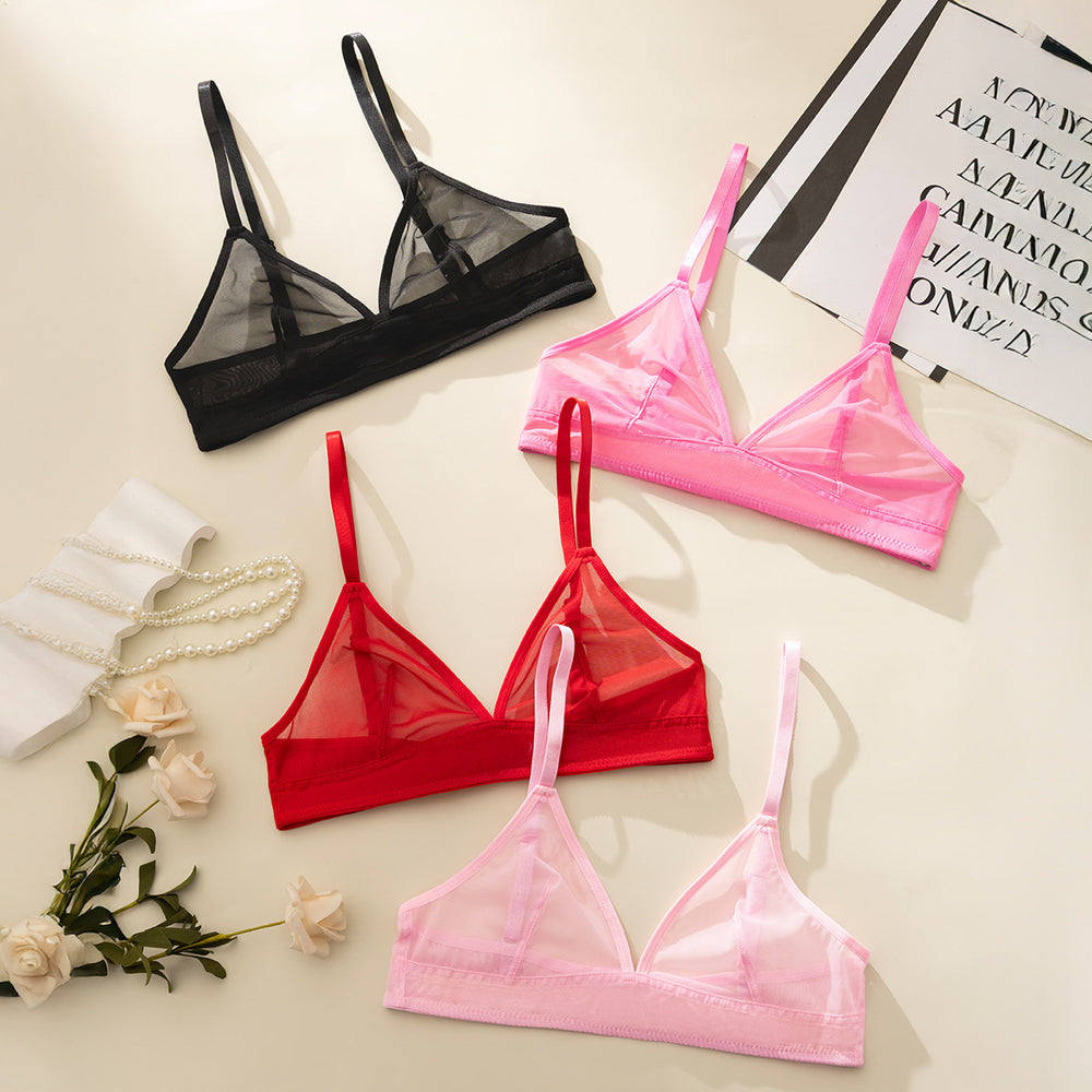 french sexy transparent three-point women's bra small breast mesh intimates hot girl ultra-thin style