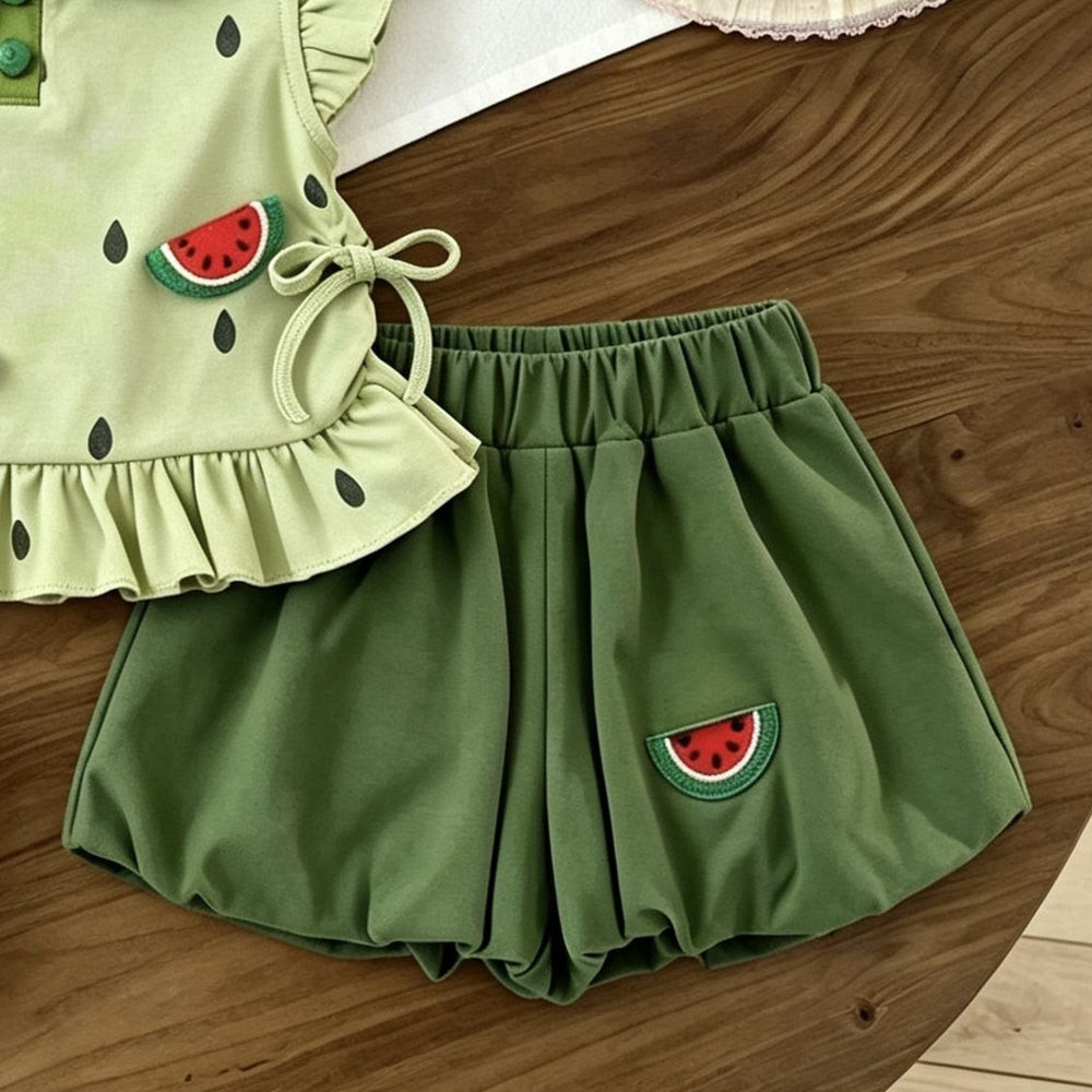 Fresh green baby summer outfit set - cute fruit watermelon pattern sleeveless summer suit for girls - summer  collection