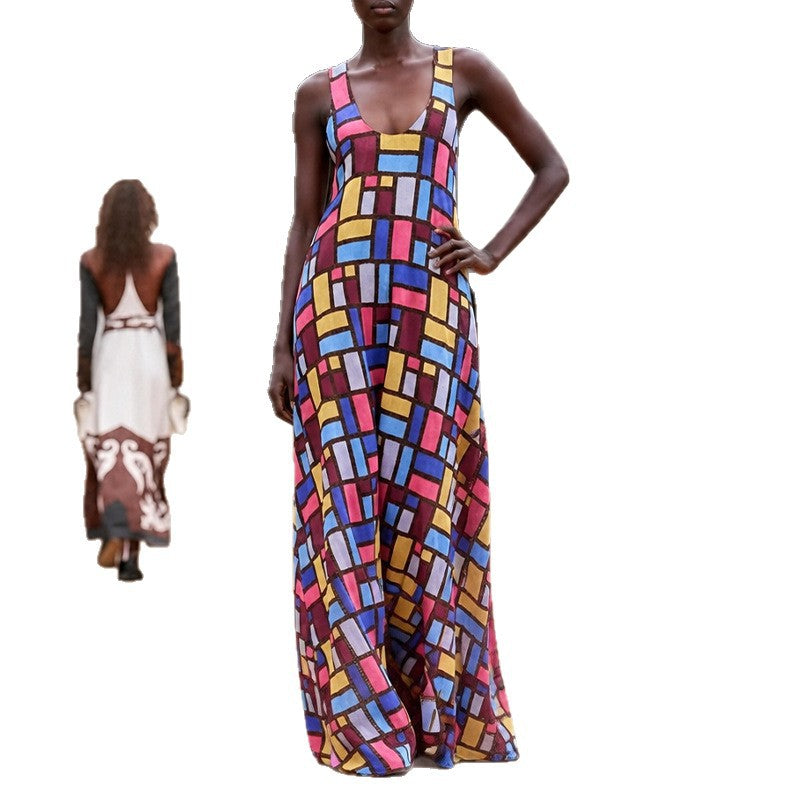 summer new women's fashion: european and american style cross-border dress - stylish and elegant geometric print slip maxi dress