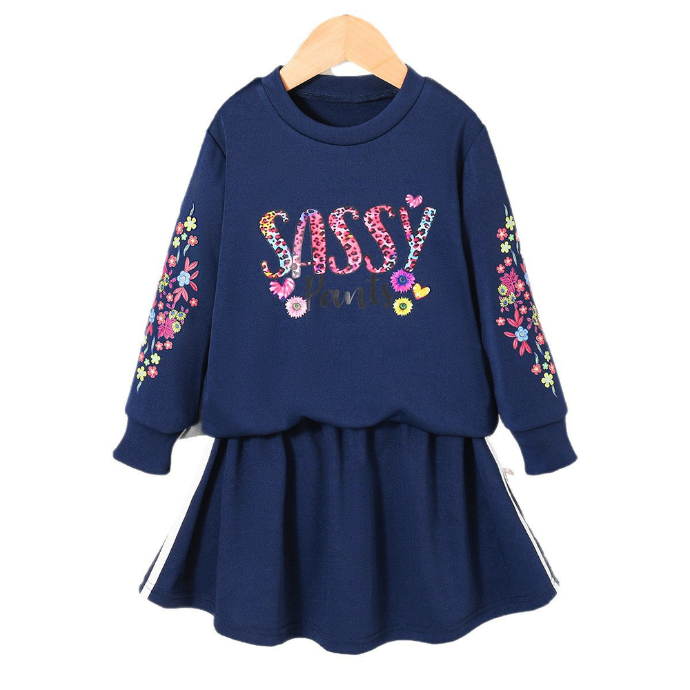 girls' two-piece sweatshirt set: navy blue crewneck long sleeve top with letter and floral print skirt - kids' outfit