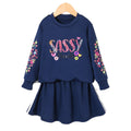 girls' two-piece sweatshirt set: navy blue crewneck long sleeve top with letter and floral print skirt - kids' outfit