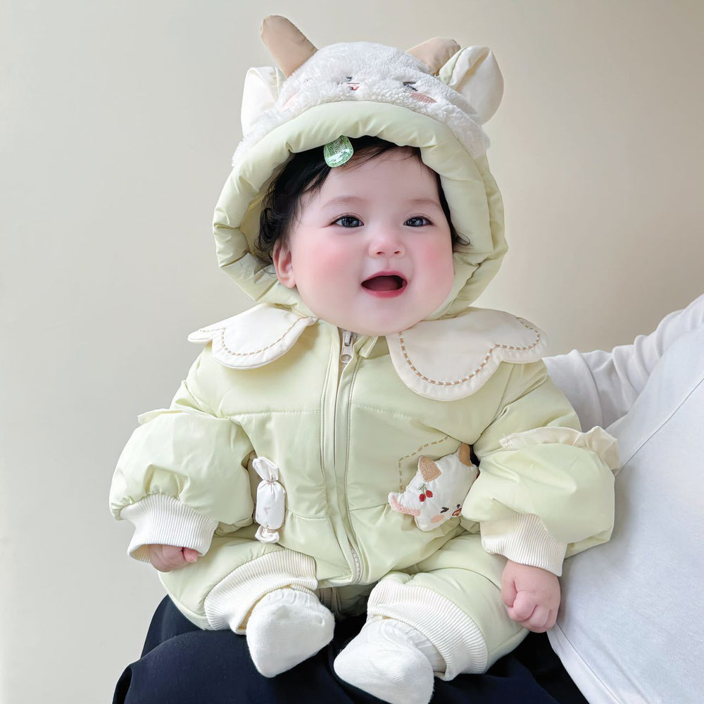 Newborn & infant winter long-sleeve sweet & thickened romper - adorable baby girl cotton outfit for first birthday & extra warm outdoor wear