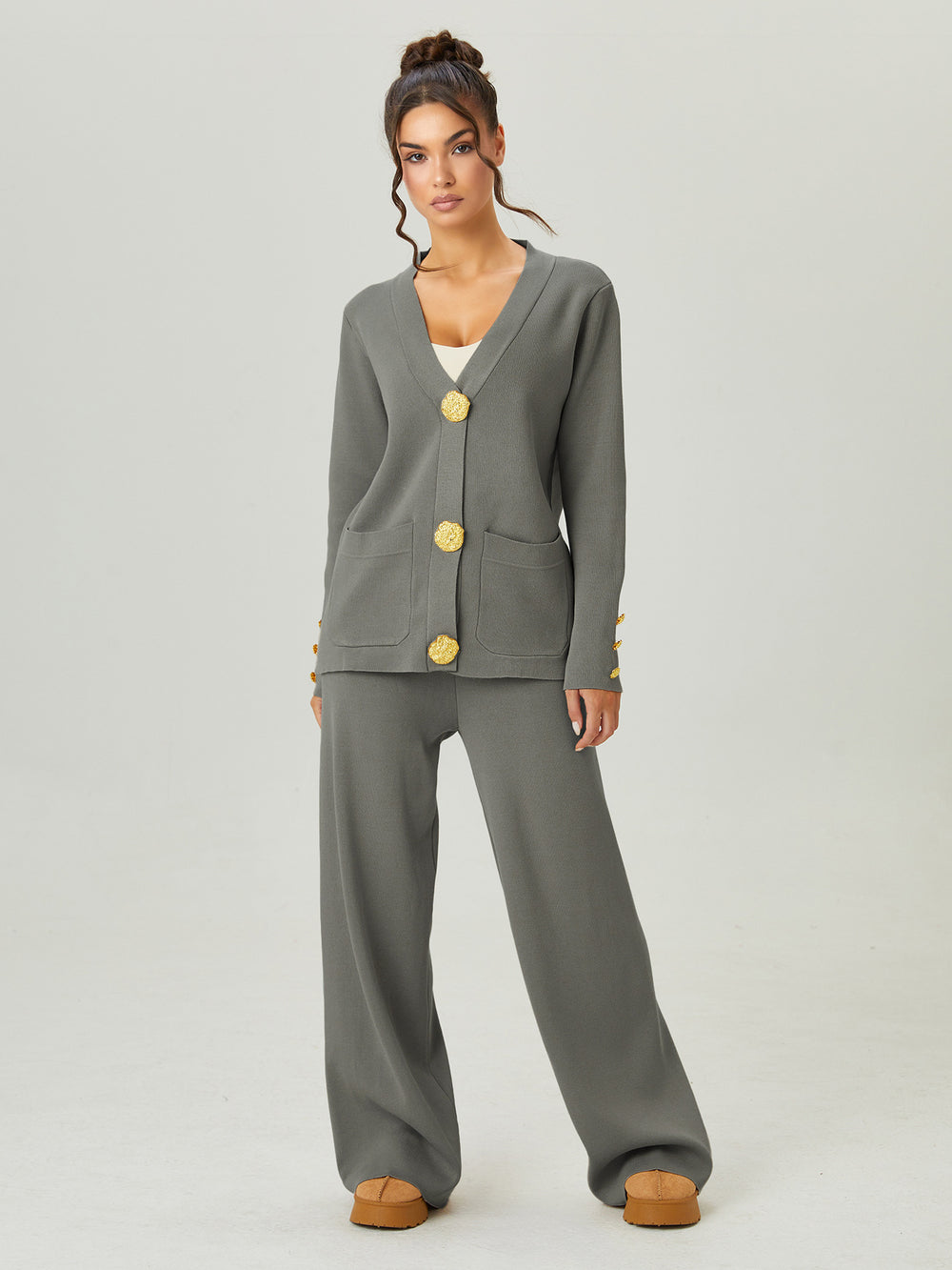 Premium chanel-inspired two-piece set for women: versatile knitted cardigan with metal button detail and casual pants - perfect for autumn and winter