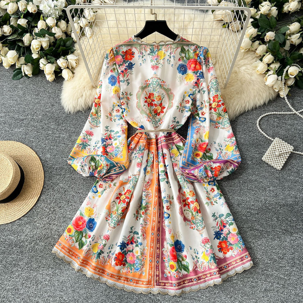 French court style high-end printed bubble sleeve dress - women's v-neck tie-waist elegant a-line ruffle skirt