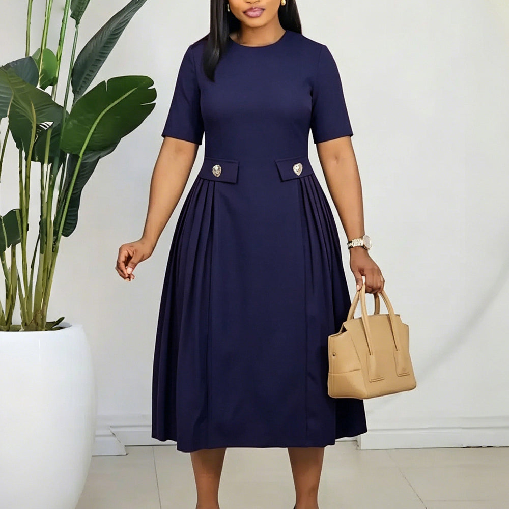 C8661 african women's clothing  summer new arrival: round neck short sleeve elegant solid color midi dress, european and american style