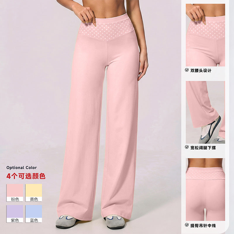 Custom nylon sports leggings with polka dot patchwork, faux two-piece wide leg design, high-waisted, tummy control, butt-lifting yoga pants