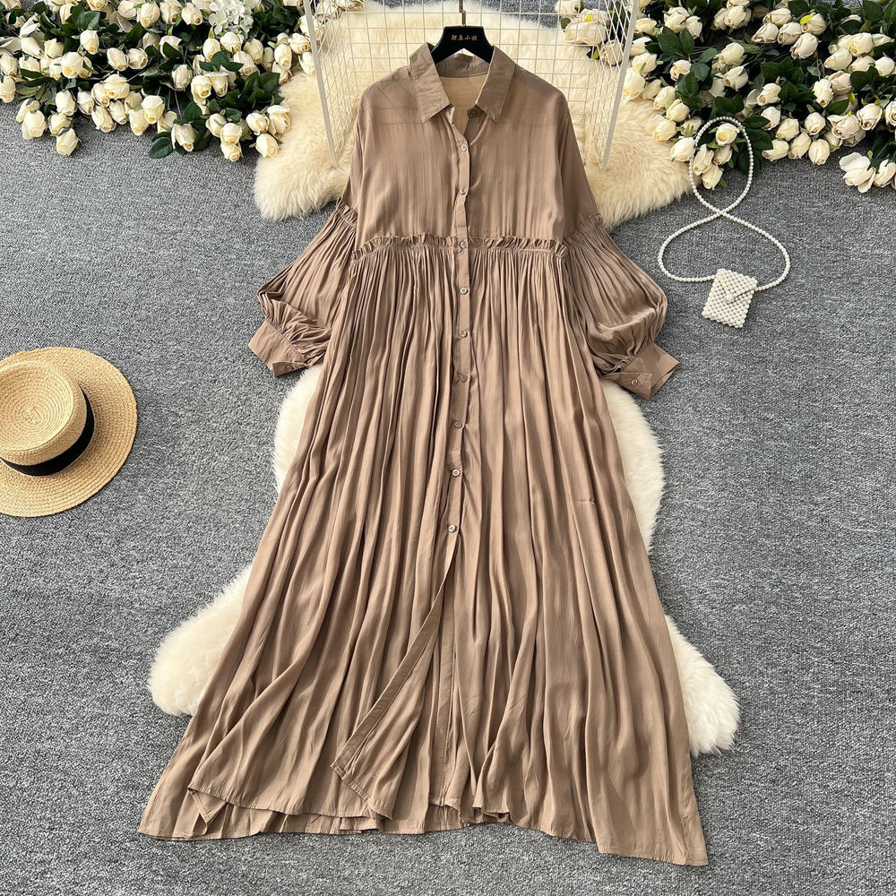 Vintage-inspired casual dress for women - spring  collection: pleated lantern sleeve, relaxed fit, single-breasted shirt dress
