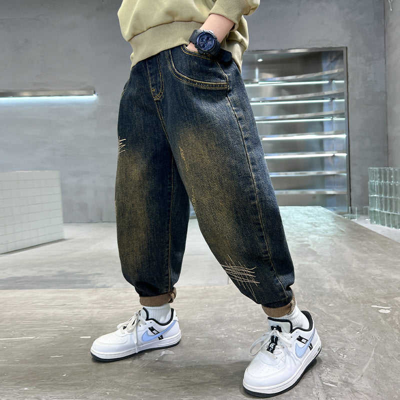 Boys' fleece-lined jeans: new spring/autumn collection - stylish kids' pants, dad jeans for older boys, versatile trousers for mid-to-large children