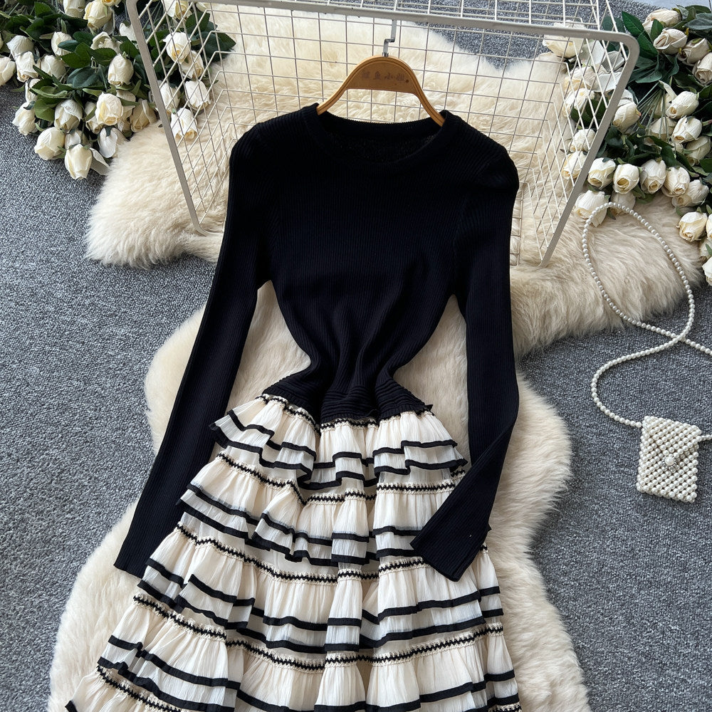 French style faux two-piece color block striped a-line cake dress - women's autumn knit long sleeve high waist slimming commute dress