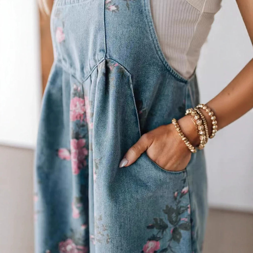 european and american cross-border  overalls fashion denim floral print casual sleeveless overalls jumpsuit for women