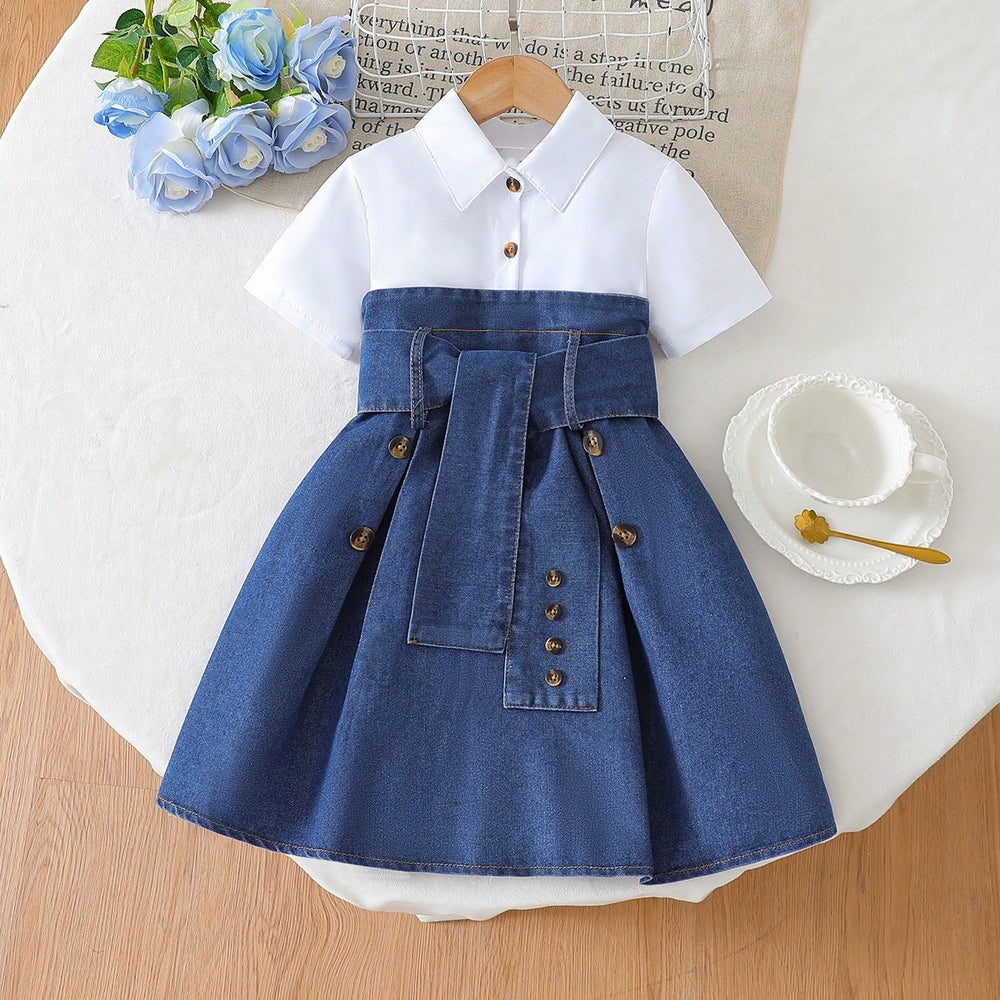 new european and american style cross-border girls' chic dress - denim patchwork solid color dress