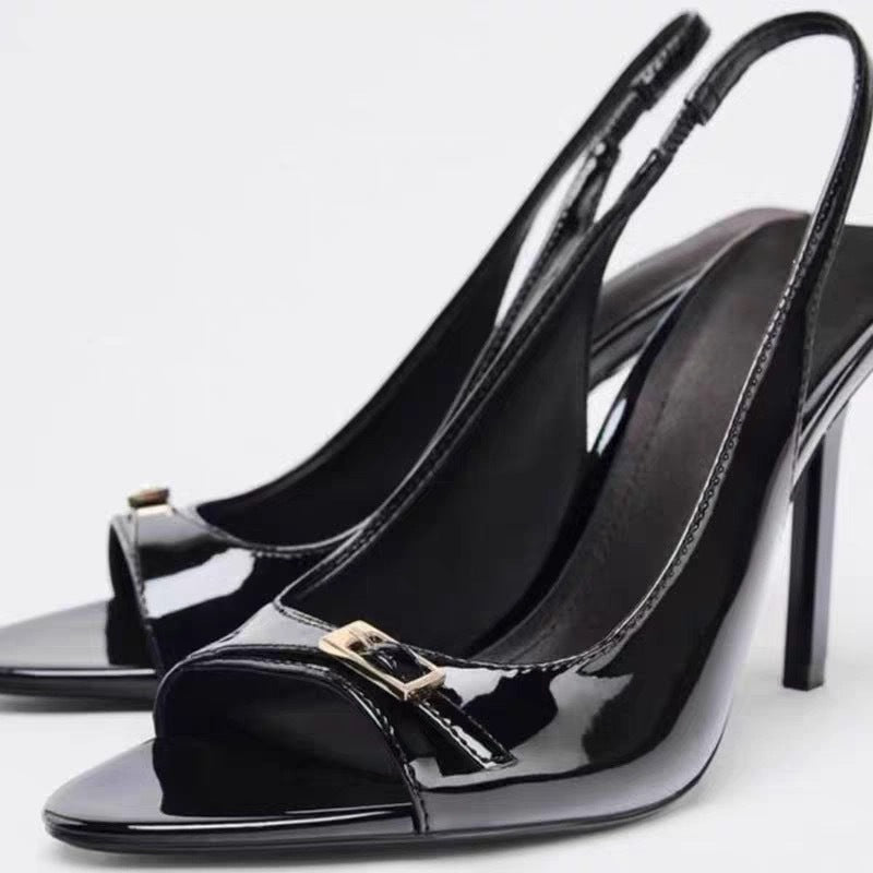 Spain 2025 summer new one-strap stiletto heel cut-out sandals - black patent leather effect, pointed toe, open toe