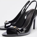 Spain 2025 summer new one-strap stiletto heel cut-out sandals - black patent leather effect, pointed toe, open toe