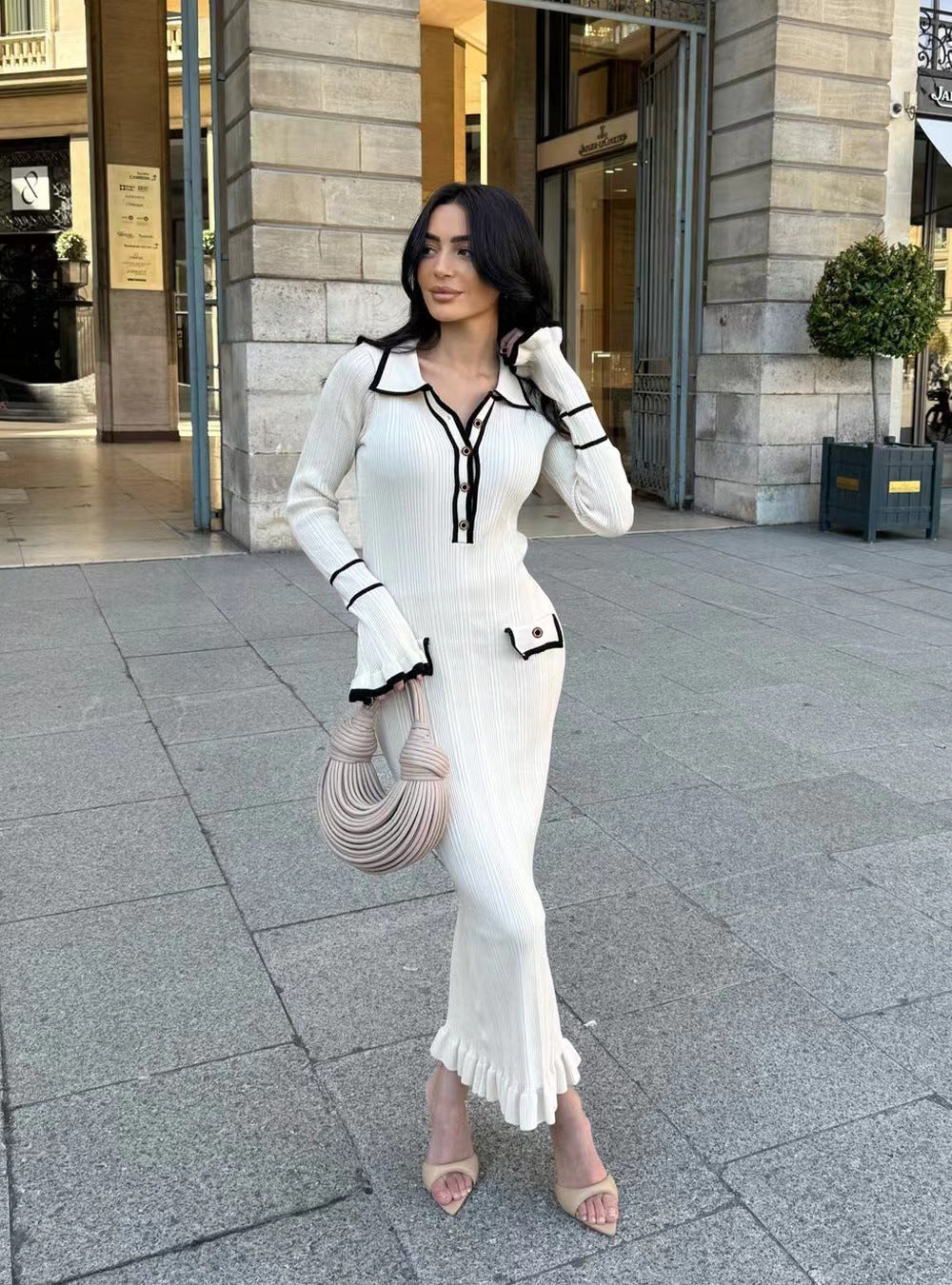Autumfrenchelegance tweed styleknittingdresslong skirt women's fashioncontrast color lapellong sleeves silmslimming look trendy