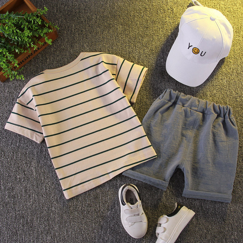 Boys' summer outfit  new arrival: baby boy short-sleeve set, summer infant and toddler boy two-piece striped casual outfit