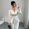 fashionwork clothingelegant shirt bright acetate satin lapel deep v strap waist slimming looklong sleevesshirt