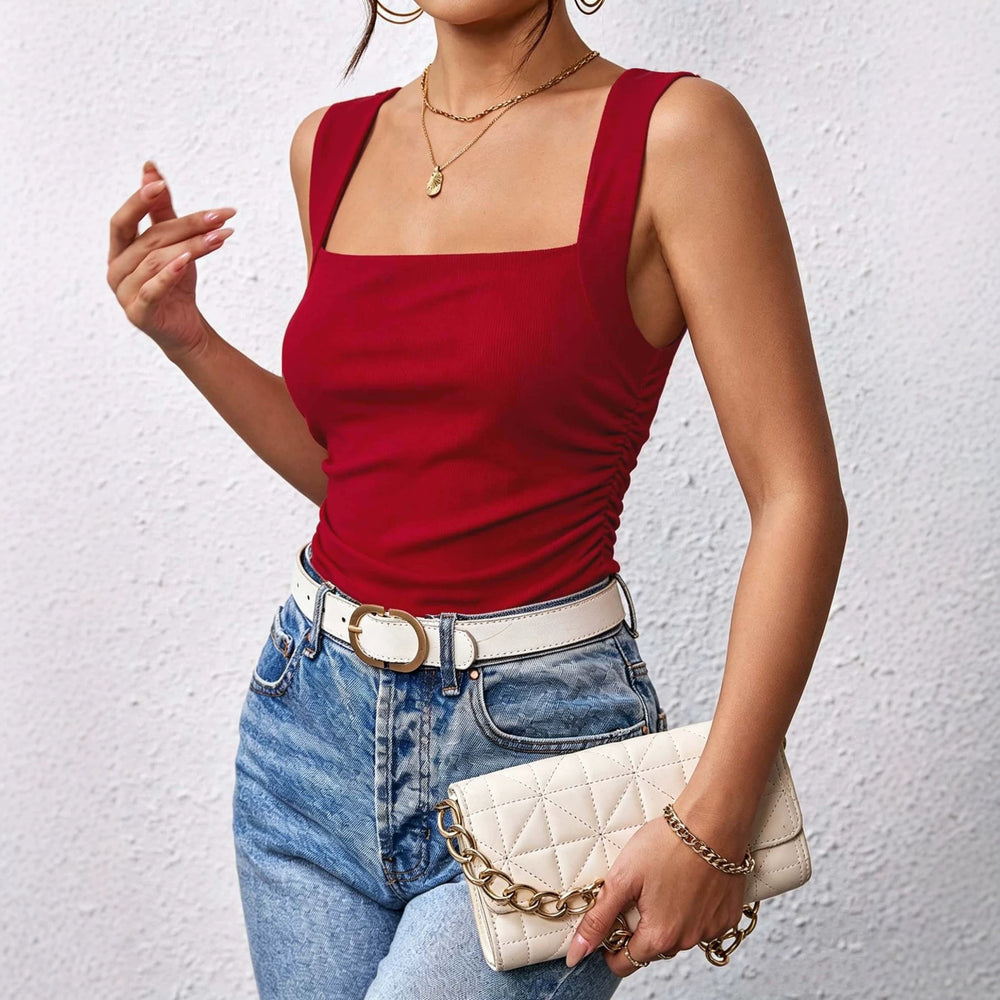 cross-border summer square neck tank top - slim fit, ruched waist, figure-flattering, versatile sleeveless top with unique design