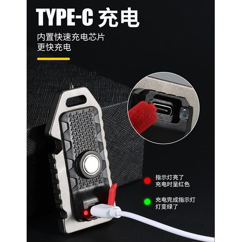 Cross-border new keychain light Type-C charging outdoor emergency survival whistle safety hammer mini flashlight