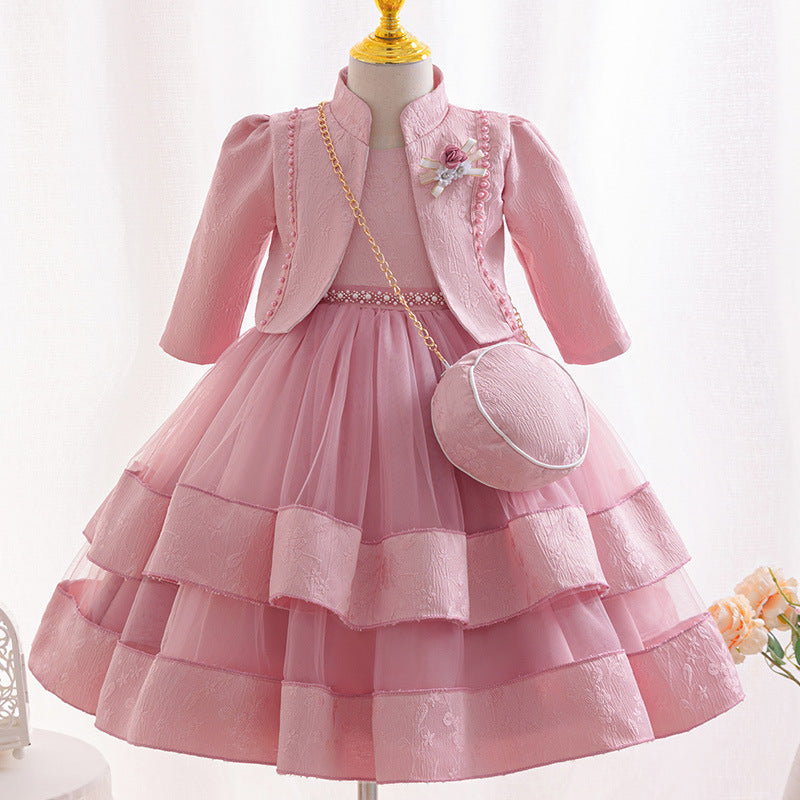 New three-piece children's formal dress set, featuring a beaded floral princess gown, perfect for little girls' piano recitals and flower girl outfits
