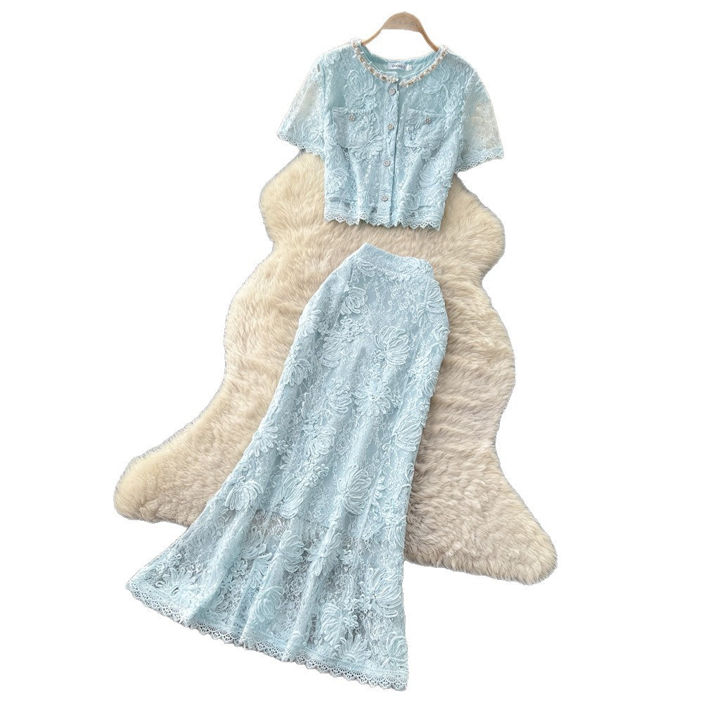 French chic lace patchwork top and skirt set - summer sweet & spicy lace slimming elegance outfit
