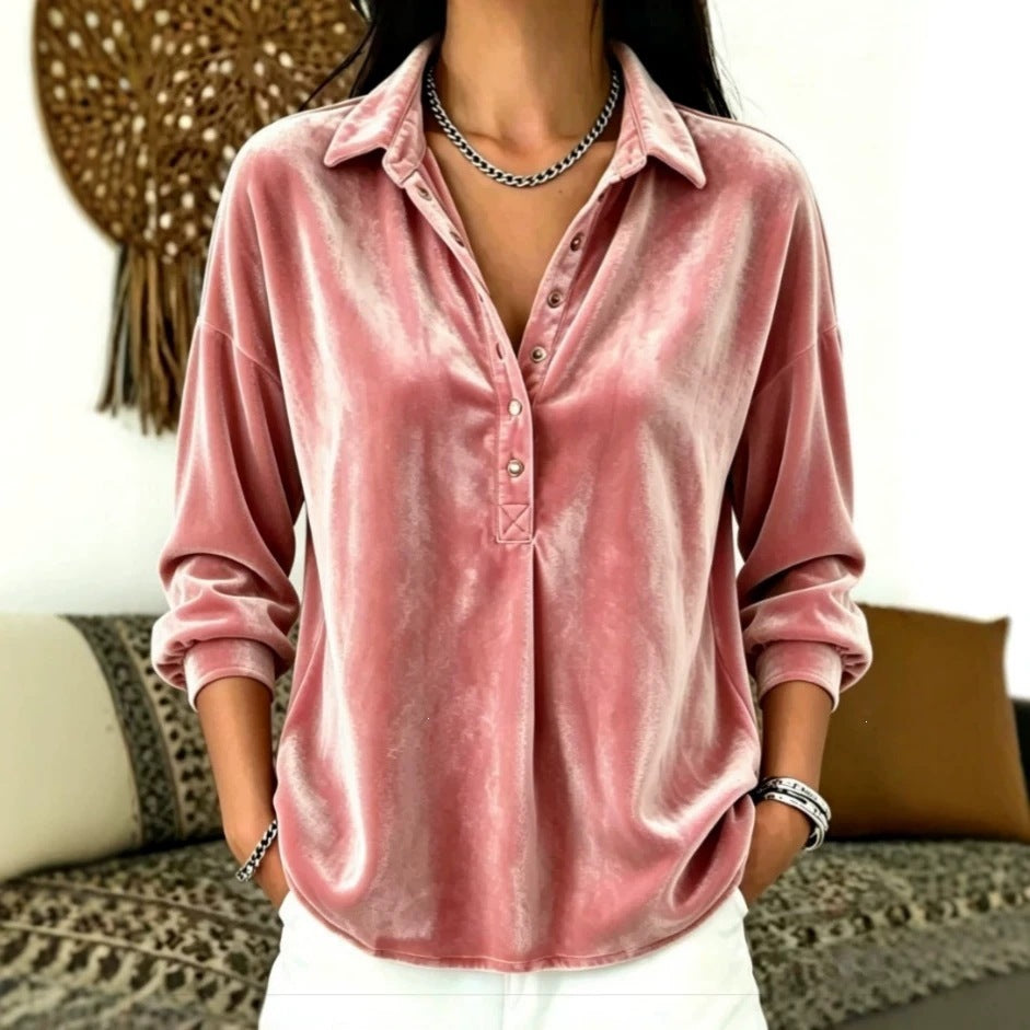independent station fall and winterbest sellingcasualfashion women's gold velvet pure color lapel tops