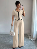 fashionsummernew arrivalcontrast colorv neck short-sleeved topsloose pantssuitwork clothingeleganttwo-piece set