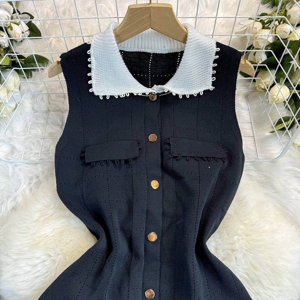 Frenchretrocontrast color lapel single breasted waist slimming lookelegant medium long sleeveless knittingdress women's autum