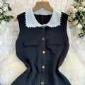 Frenchretrocontrast color lapel single breasted waist slimming lookelegant medium long sleeveless knittingdress women's autum