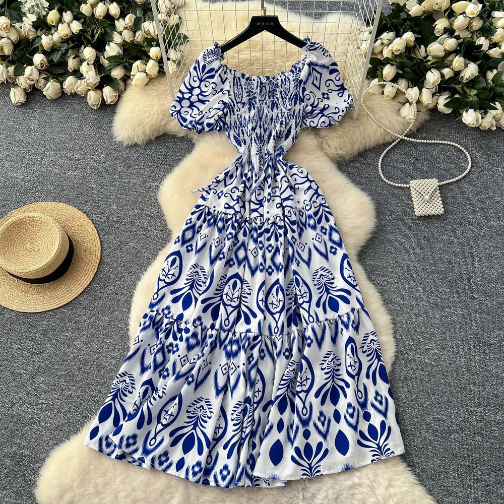 French retro square neck puff sleeve printed dress - women's  summer slimming a-line maxi dress